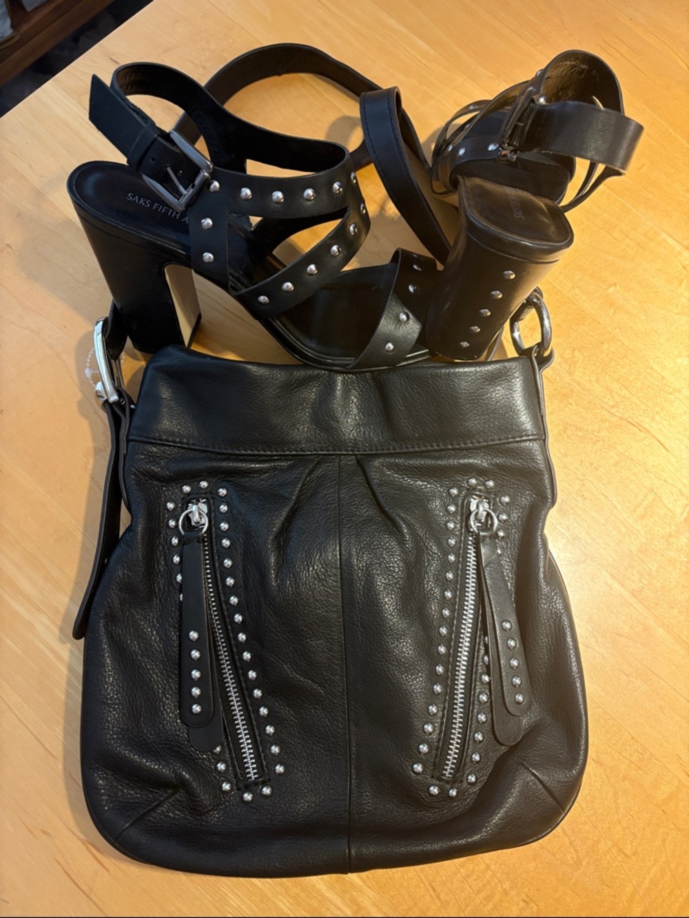 NWOT Saks Fifth Avenue Black Studded Block Heel Sandals & Matching Bag.